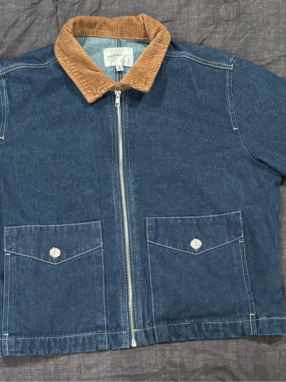 Madden Girl Dark Blue Denim Jacket with Tan Corduroy Collar - Picture 1 of 6